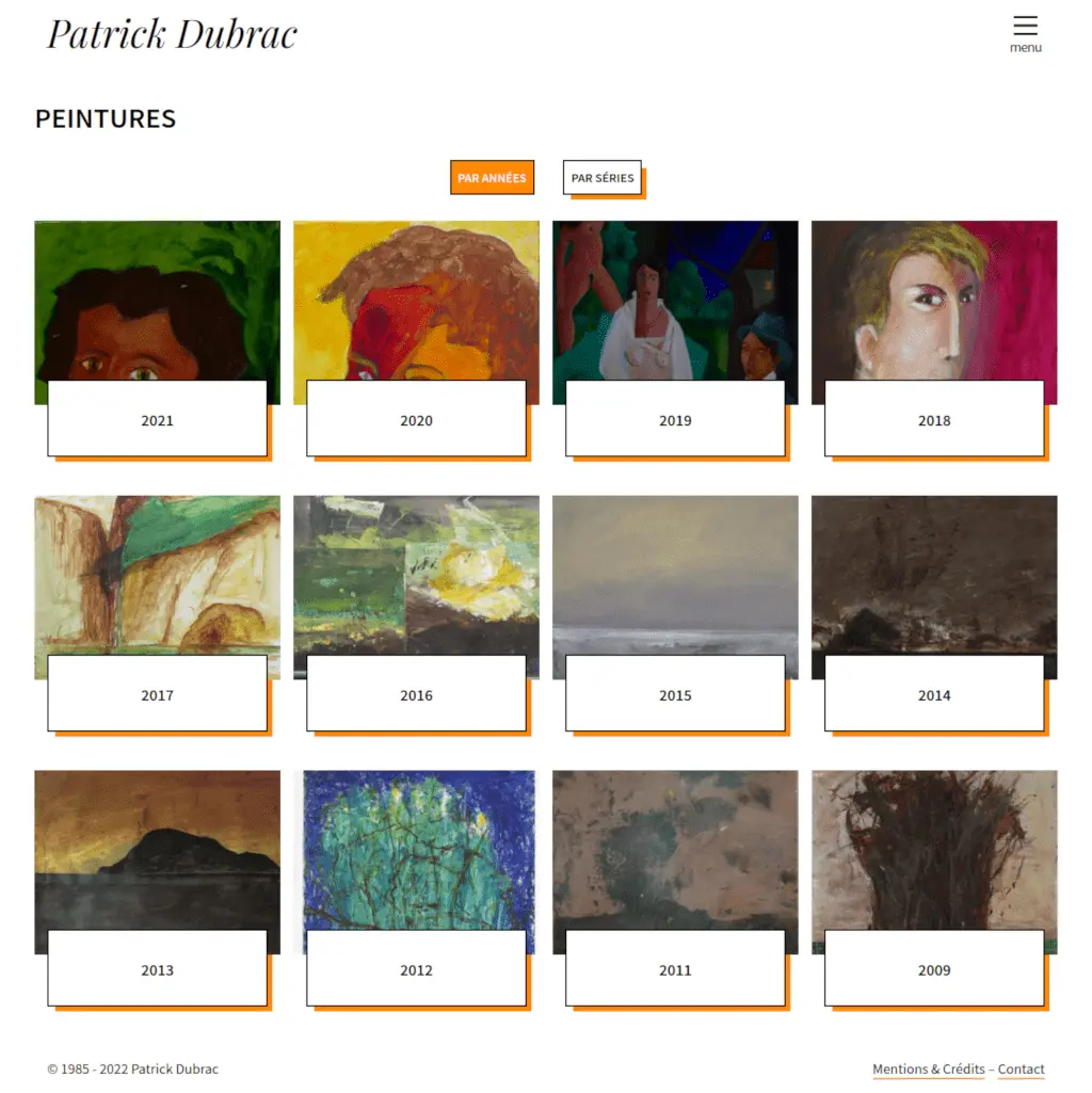 Page listant les différentes séries par esthétiques ou par années sur le site de l'artiste Patrick Dubrac